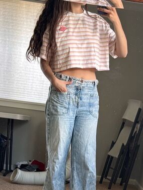 White & Peach Striped Boxy Short Sleeve Tee